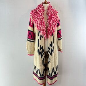 SUNDANCE Catalog Stunning Pink and Cream Wool Blend Long Statement Cardigan